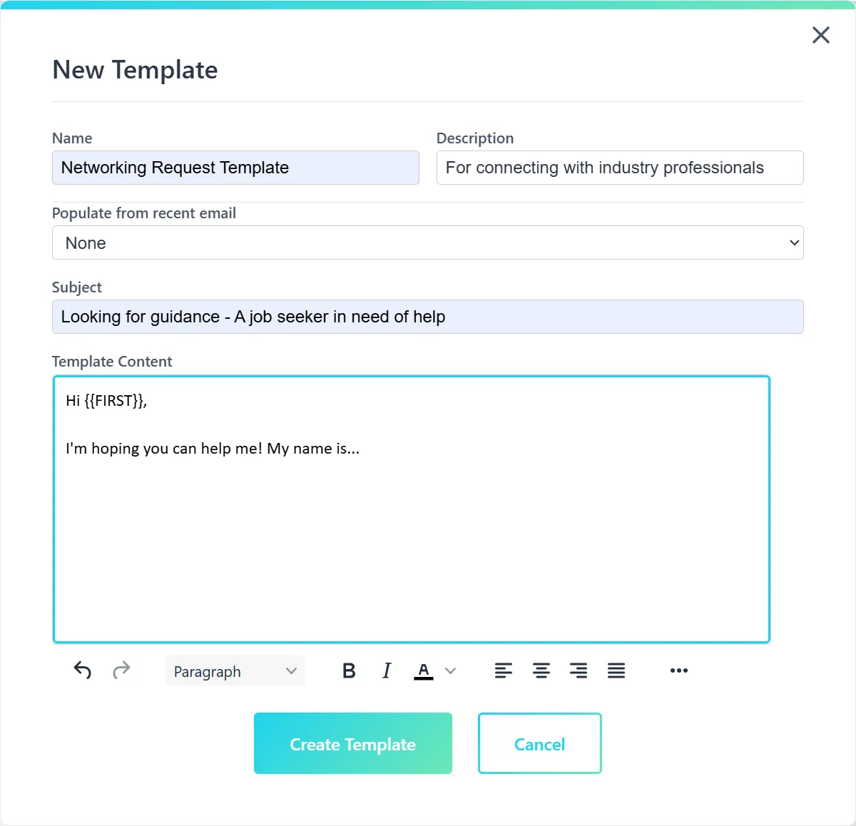 Template Creation Screenshot
